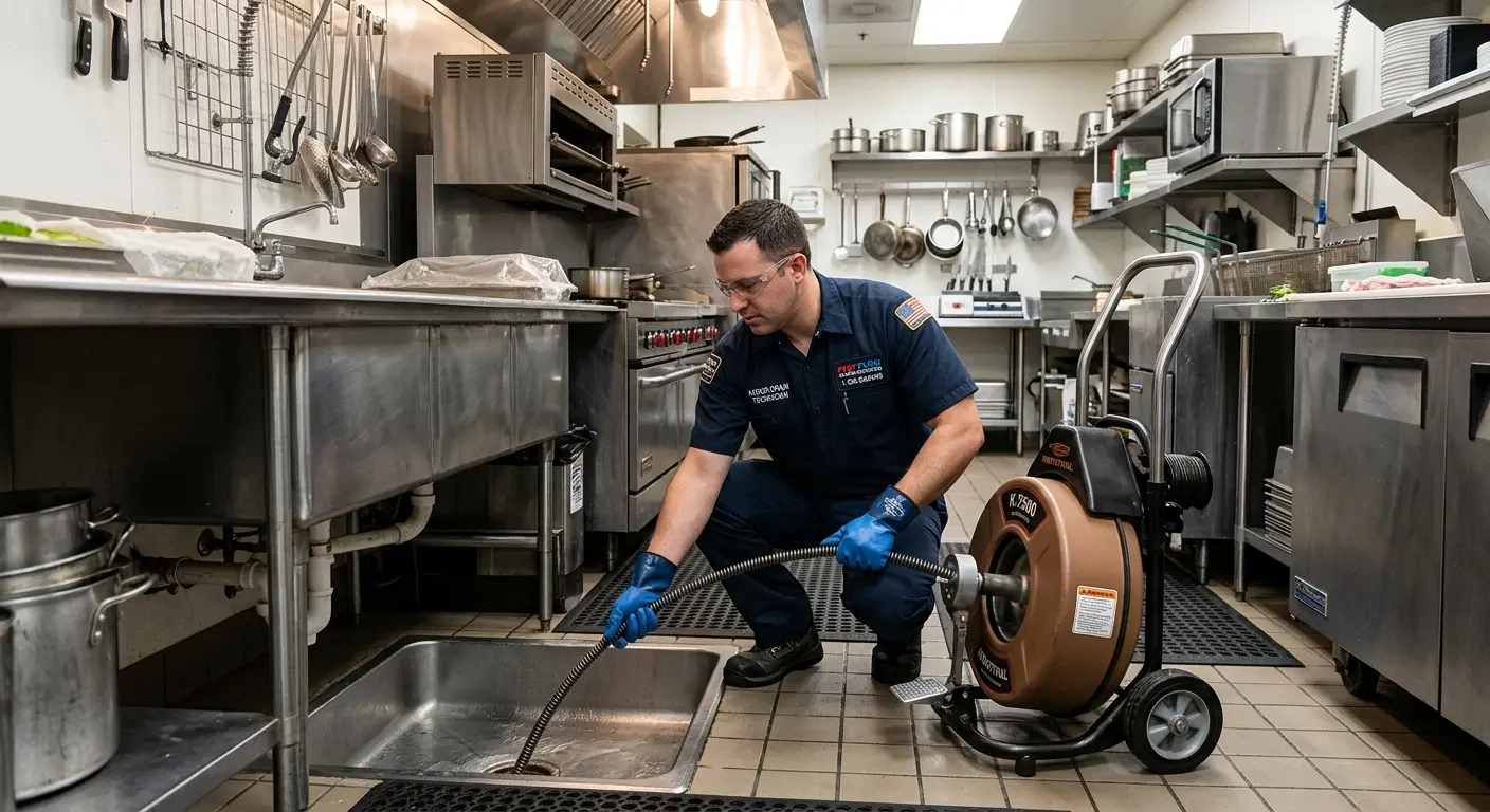 Commercial drain cleaning service in a restaurant kitchen in Forest City