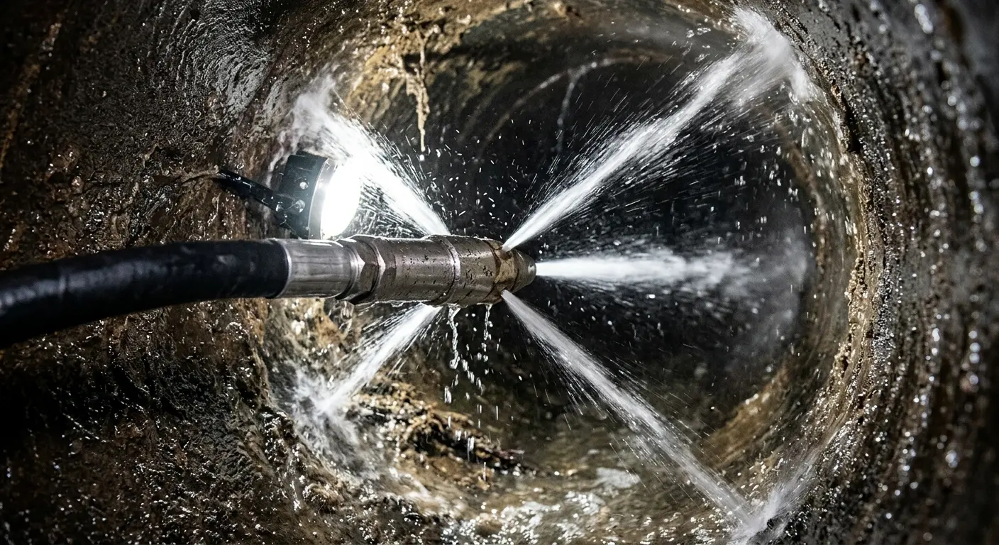 High-pressure hydro jetting nozzle cleaning sewer pipe for Trenchless Sewer Repair in Forest City