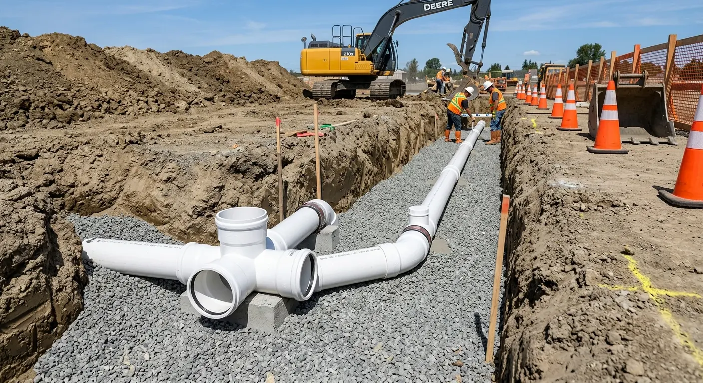 New PVC sewer pipe installation in open trench for Sewer Backup in Forest City