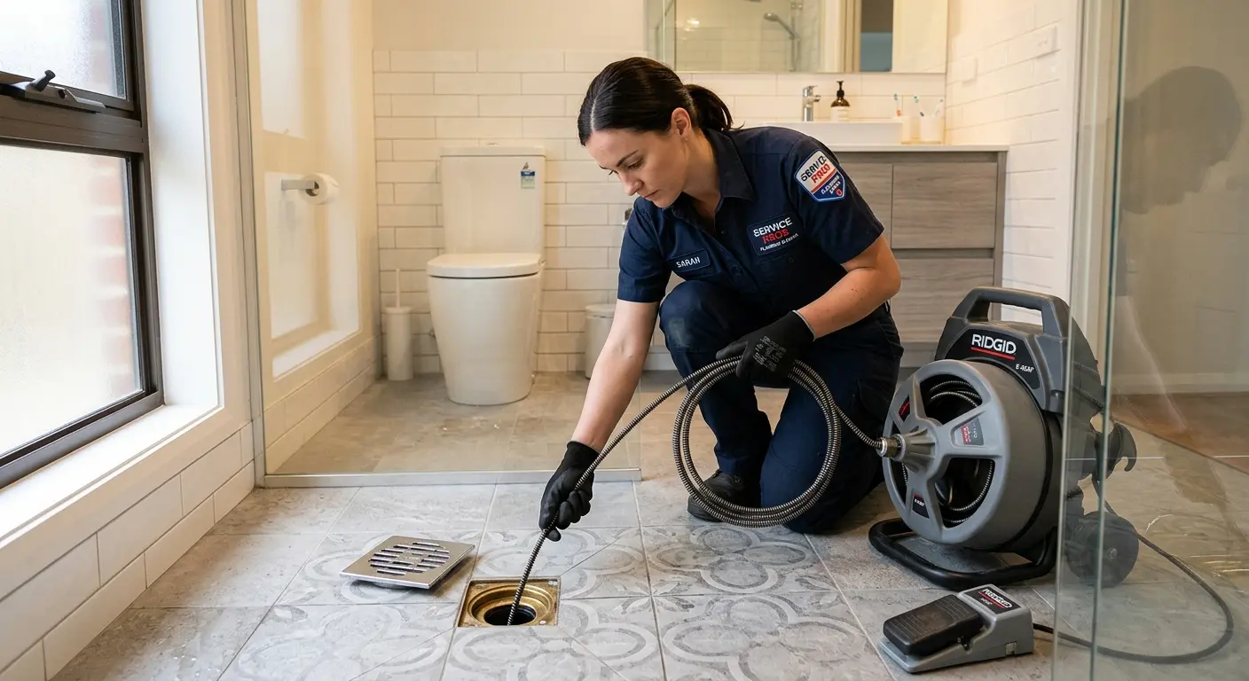 Technician clearing a bathroom floor drain for Sewer Line Replacement in Forest City